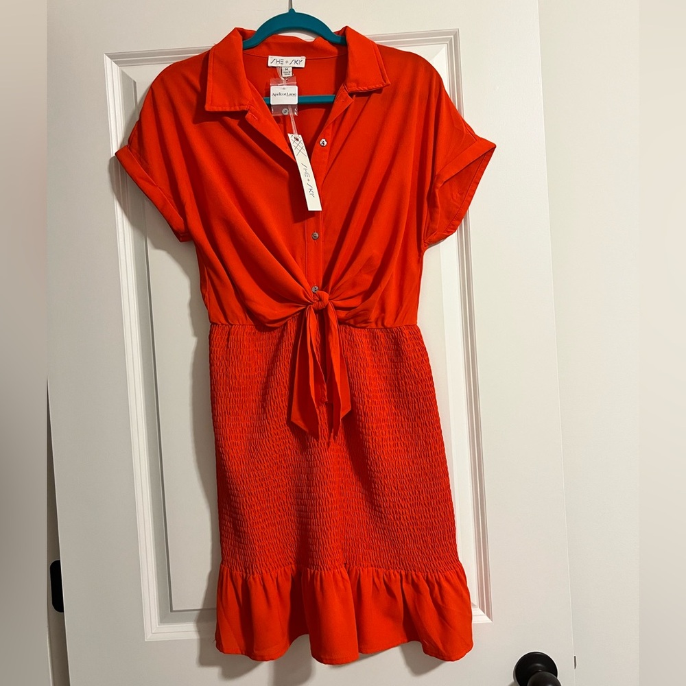 SHE + SKY Red Orange Tie-Front Dress